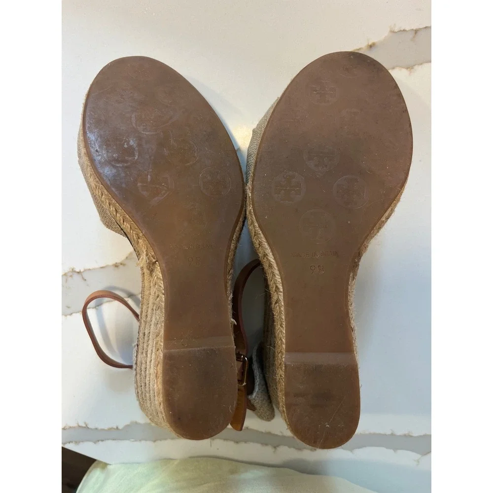 Tory Burch Beige Canvas Espadrille Wedge Sandals Tan Leather Ankle Strap Size 9B